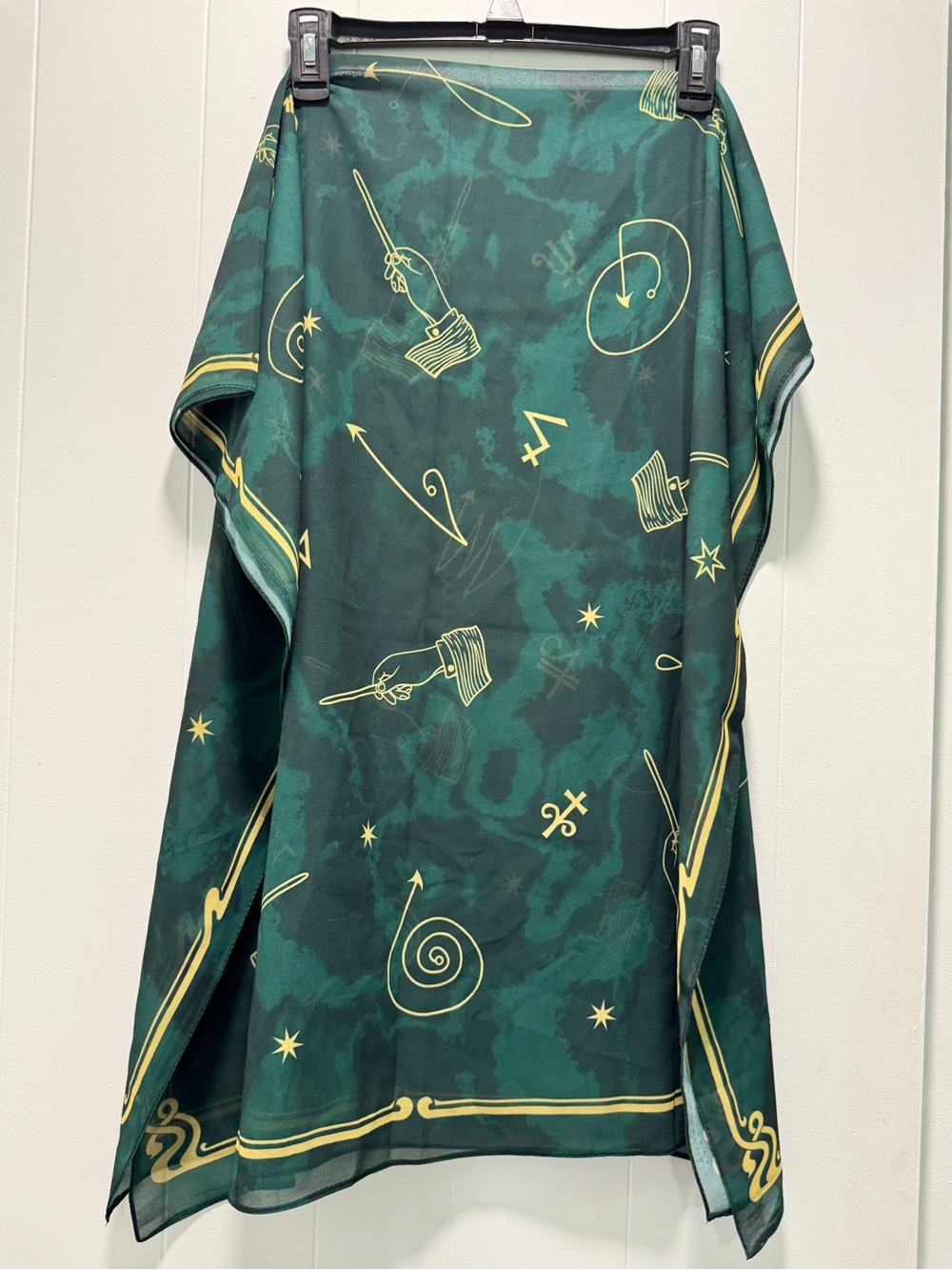 Green Printed witchy Scarf or sarong with Yellow Accents.